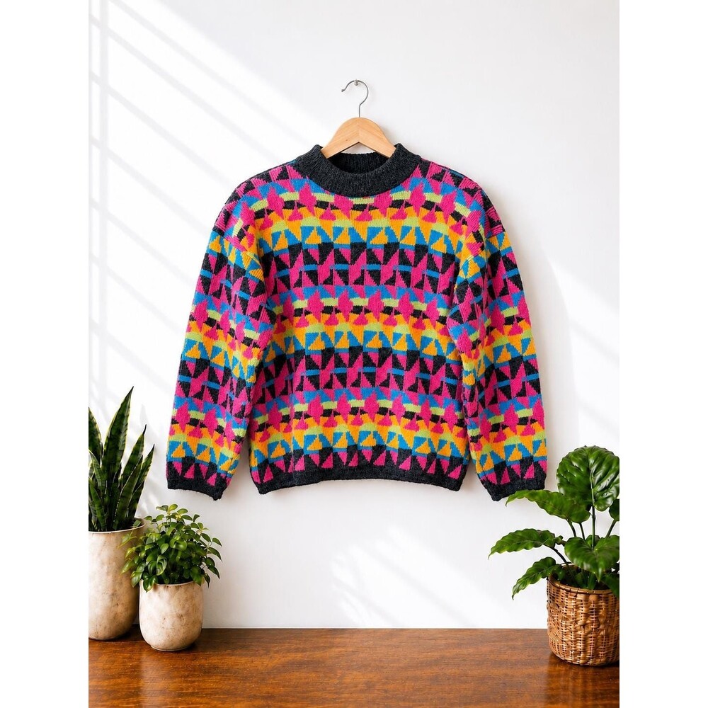 Vintage 80s 90s Kitty Hawk Geometric Sweater | Abstract Maximalist | Size Medium